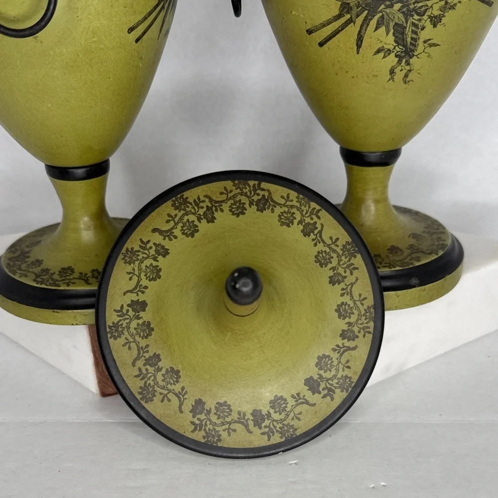 Mid Century Italian Olive Tole Urns Pair Signed
